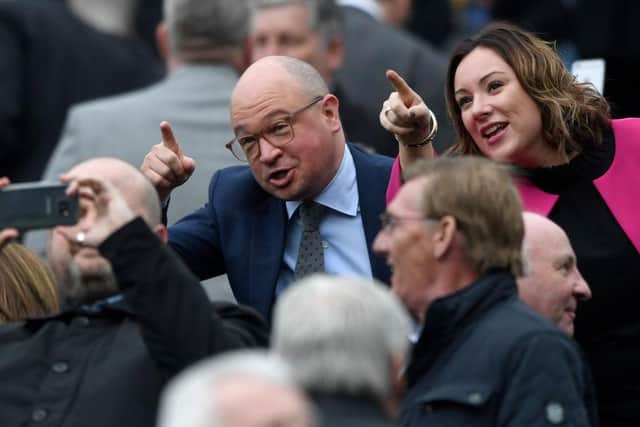 Newcastle United managing director Lee Charnley makes a point during a Championship game in 2017.