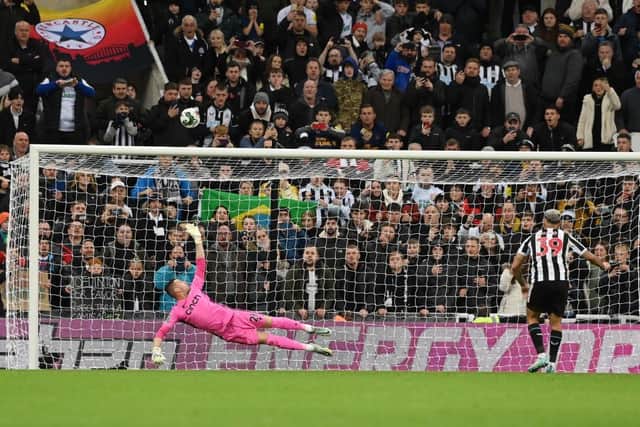 Bruno Guimaraes of Newcastle United misses their sides penalty during a penalty shoot out during the Carabao Cup Third Round match between Newcastle United and Crystal Palace at St James' Park on November 09, 2022 in Newcastle upon Tyne, England. (Photo by Stu Forster/Getty Images)