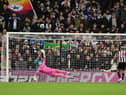 Bruno Guimaraes of Newcastle United misses their sides penalty during a penalty shoot out during the Carabao Cup Third Round match between Newcastle United and Crystal Palace at St James' Park on November 09, 2022 in Newcastle upon Tyne, England. (Photo by Stu Forster/Getty Images)