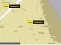 The Yellow weather warning for thunderstorms covering the North East.