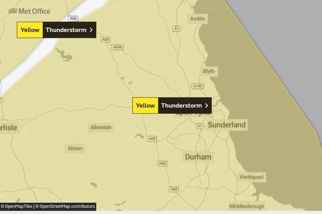 The Yellow weather warning for thunderstorms covering the North East.