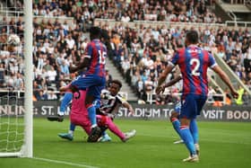 Tyrick Mitchell of Crystal Palace scores an own goal which was later disallowed by VAR after a foul by Joe Willock of Newcastle United during the Premier League match between Newcastle United and Crystal Palace at St. James Park on September 03, 2022 in Newcastle upon Tyne, England. (Photo by Jan Kruger/Getty Images)