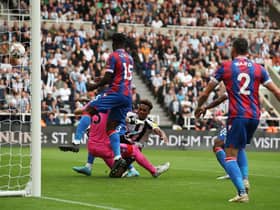 Tyrick Mitchell of Crystal Palace scores an own goal which was later disallowed by VAR after a foul by Joe Willock of Newcastle United during the Premier League match between Newcastle United and Crystal Palace at St. James Park on September 03, 2022 in Newcastle upon Tyne, England. (Photo by Jan Kruger/Getty Images)
