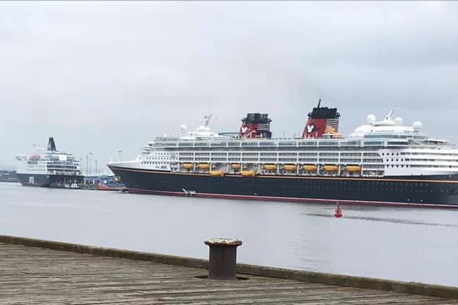 The cruise liner says hello to the DFDS ferry.