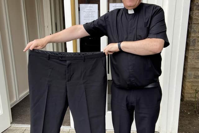 Father Mervyn Thompson has lost inches off his waist following his weight loss.