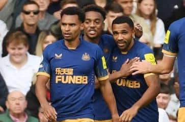 Callum Wilson of Newcastle United celebrates with team mates after scoring their sides first goal during the Premier League match between Fulham FC and Newcastle United at Craven Cottage on October 01, 2022 in London, England. (Photo by Tom Dulat/Getty Images)
