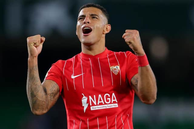 Diego Carlos of Sevilla celebrates following the La Liga Santander match between Real Betis and Sevilla FC at Estadio Benito Villamarin on November 07, 2021 in Seville, Spain. (Photo by Fran Santiago/Getty Images)