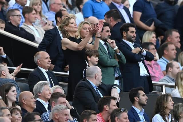 Newcastle United co-owners Amanda Staveley and Mehrdad Ghodoussi stand with chairman Yasir-Al-Rumayyan at St James's Park in August.