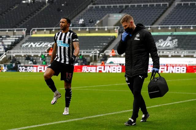 Callum Wilson of Newcastle United leaves the pitch as he is substituted off due To injury during the Premier League match between Newcastle United and Southampton at St. James Park. (Photo by Jason Cairnduff - Pool/Getty Images)