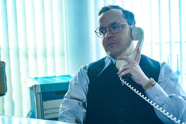 Joshua McGuire has fun as crooked lawyer Douglas Baxter in the new series of the BBC's Brinks-Mat drama The Gold (Picture: BBC/Tannadice Pictures/Des Willie)
