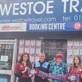 From left to right: Westoe Travel's Charlotte Hansen, South Shields FC operations director Carl Mowatt, Westoe Travel's Graeme Brett and Maddy Amos.
