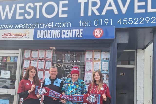 From left to right: Westoe Travel's Charlotte Hansen, South Shields FC operations director Carl Mowatt, Westoe Travel's Graeme Brett and Maddy Amos.