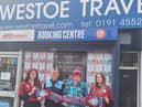 From left to right: Westoe Travel's Charlotte Hansen, South Shields FC operations director Carl Mowatt, Westoe Travel's Graeme Brett and Maddy Amos.