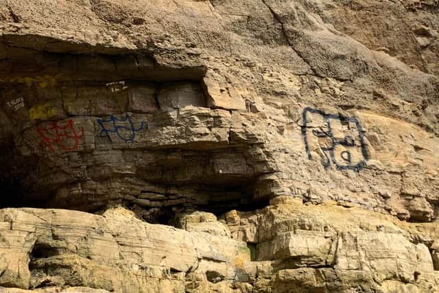 The graffiti on the side of the cliff face at The Wherry in Whitburn. Photo by John Short.