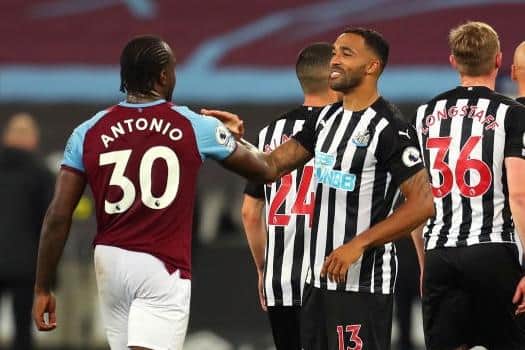 Michail Antonio of West Ham United and Callum Wilson of Newcastle United speak following the Premier League match between West Ham United and Newcastle United at London Stadium on September 12, 2020 in London, England. (Photo by Catherine Ivill/Getty Images)