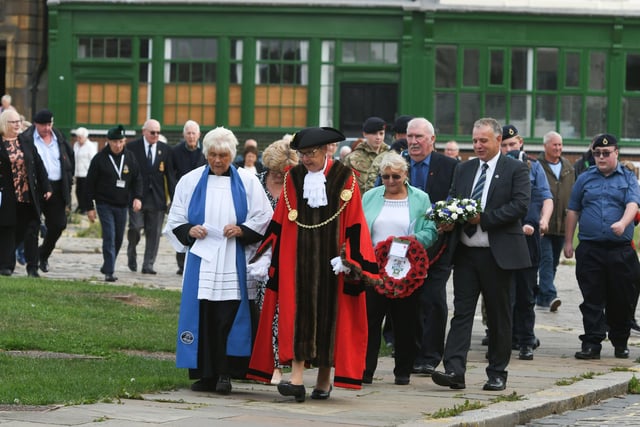 Rev Jackie Dunn, with the Mayor of South Tyneside Cllr Pat Hay, leading the way to the wreath-laying in South Shields.