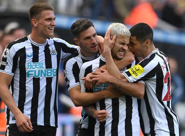 Newcastle United celebrate Bruno Guimaraes' second against Brentford. (Photo by Stu Forster/Getty Images)