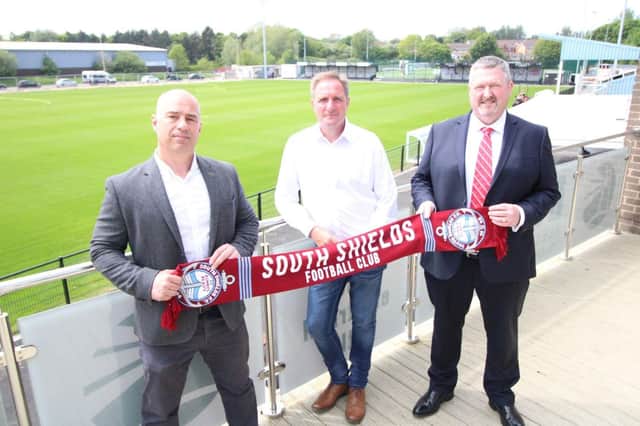 (From left to right) CFS Managing Director Darren Carlisle, South Shields FC Business Development Manager Colin Docherty and CEFO Group Chief Financial Officer David Williams.