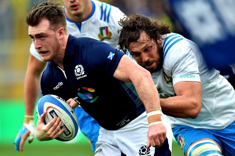 February 27, 2016: Italy 20, Scotland 36
Hawick's Stuart Hogg being tackled by Italy's Valerio Bernabo at the Olympic stadium in Rome (Photo: Vincenzo Pinto/AFP via Getty Images)
