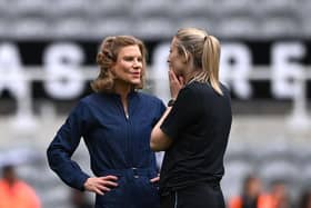 Newcastle United Co-owner Amanda Staveley chats to Newcastle Women manager Becky Langley on the pitch after the FA Women's National League Division One North match against Alnwick Town Ladies at St James' Park on May 01, 2022 in Newcastle upon Tyne, England. (Photo by Stu Forster/Getty Images)