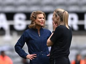 Newcastle United Co-owner Amanda Staveley chats to Newcastle Women manager Becky Langley on the pitch after the FA Women's National League Division One North match against Alnwick Town Ladies at St James' Park on May 01, 2022 in Newcastle upon Tyne, England. (Photo by Stu Forster/Getty Images)
