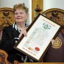 South Tyneside Council Mayor Cllr John McCabe presents artist Sheila Graber with the Freedom of the Borough of South Tyneside at South Shields Town Hall.