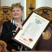 South Tyneside Council Mayor Cllr John McCabe presents artist Sheila Graber with the Freedom of the Borough of South Tyneside at South Shields Town Hall.