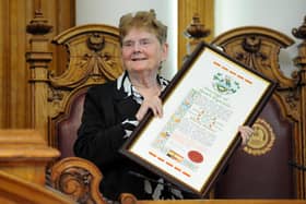 South Tyneside Council Mayor Cllr John McCabe presents artist Sheila Graber with the Freedom of the Borough of South Tyneside at South Shields Town Hall.
