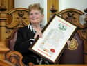 South Tyneside Council Mayor Cllr John McCabe presents artist Sheila Graber with the Freedom of the Borough of South Tyneside at South Shields Town Hall.
