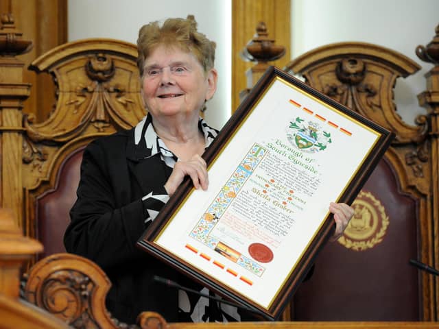 South Tyneside Council Mayor Cllr John McCabe presents artist Sheila Graber with the Freedom of the Borough of South Tyneside at South Shields Town Hall.