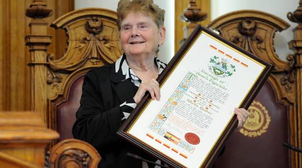 South Tyneside Council Mayor Cllr John McCabe presents artist Sheila Graber with the Freedom of the Borough of South Tyneside at South Shields Town Hall.