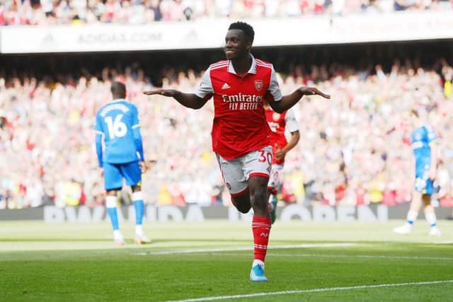 Eddie Nketiah of Arsenal celebrates after scoring their team's second goal during the Premier League match between Arsenal and Everton at Emirates Stadium on May 22, 2022 in London, England. (Photo by Mike Hewitt/Getty Images)