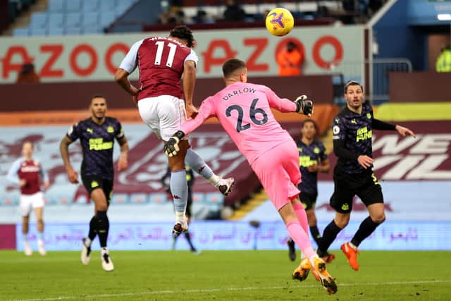 Aston Villa's Ollie Watkins scores his side's first goal of the game during the Premier League match at Villa Park, Birmingham.