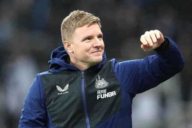 Eddie Howe, Manager of Newcastle United acknowledges the fans prior to the Premier League match between Newcastle United  and  Manchester United at St James's Park (Photo by Ian MacNicol/Getty Images)