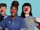 Blue Peter presenters, Joel Mawhinney, Mwaka ‘Mwaksy’ Mudenda and Abby Cook from Grangemouth support Red Nose Day 2023 by wearing the new Red Nose and Mr Men merchandise. Pic: BBC