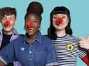Blue Peter presenters, Joel Mawhinney, Mwaka ‘Mwaksy’ Mudenda and Abby Cook from Grangemouth support Red Nose Day 2023 by wearing the new Red Nose and Mr Men merchandise. Pic: BBC