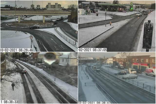Images from the @NELiveTraffic network showing the conditions at the A185 Jarrow  and A19 Tyne Tunnel interchange, top right, A185 Jarrow Road, top right, East Street in Whitburn, bottom left, and Prince Edward Road at the Nook in South Shields, bottom right.