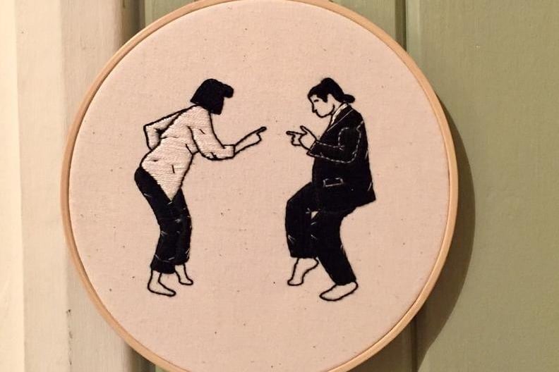 ItsAStitchUpUK sells hand embroidered hoops. This one is based off the film Pulp Fiction.