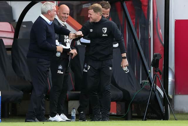 Eddie Howe pictured next to Newcastle United head coach Steve Bruce. (Photo by Peter Cziborra/Pool via Getty Images)