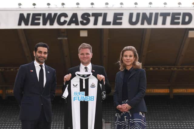 Newcastle Head Coach Eddie Howe (c) pictured at his unveiling press conference with Directors Amanda Staveley and Mehrdad Ghodoussi at St. James Park on November 10, 2021 in Newcastle upon Tyne, England. (Photo by Stu Forster/Getty Images)