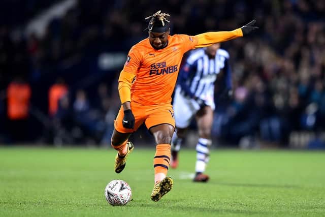 WEST BROMWICH, ENGLAND - MARCH 03: Allan Saint-Maximin of Newcastle United shoots and hits the cross-bar during the FA Cup Fifth Round match between West Bromwich Albion and Newcastle United at The Hawthorns on March 03, 2020 in West Bromwich, England. (Photo by Nathan Stirk/Getty Images)