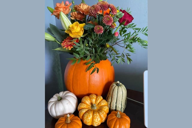The colours of autumn beautifully presented in this display. Celebrating National Pumpkin Day and Halloween with Susan Howlett.