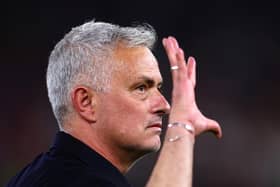 TIRANA, ALBANIA - MAY 25: Jose Mourinho, Manager of AS Roma points out his 5 European trophies after the full-time whistle during the UEFA Conference League final match between AS Roma and Feyenoord at Arena Kombetare on May 25, 2022 in Tirana, Albania. (Photo by Alex Pantling/Getty Images)