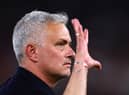 TIRANA, ALBANIA - MAY 25: Jose Mourinho, Manager of AS Roma points out his 5 European trophies after the full-time whistle during the UEFA Conference League final match between AS Roma and Feyenoord at Arena Kombetare on May 25, 2022 in Tirana, Albania. (Photo by Alex Pantling/Getty Images)