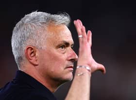 TIRANA, ALBANIA - MAY 25: Jose Mourinho, Manager of AS Roma points out his 5 European trophies after the full-time whistle during the UEFA Conference League final match between AS Roma and Feyenoord at Arena Kombetare on May 25, 2022 in Tirana, Albania. (Photo by Alex Pantling/Getty Images)