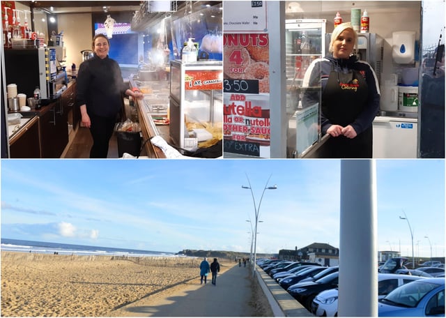 Pleasure Beach stand workers Zara Sheeran (above, left) and Penny Smith (above, right); the South Shields seafront (below)