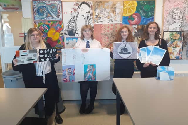 (left to right) Art students Chloe Coleman, 17, Rebecca Bentley, 15, Ebony Dembry, 15, and Scarlett Dembry, 17. Chloe and Rebecca have also been inspired to take part in the Creative Dimension Trust online workshops.