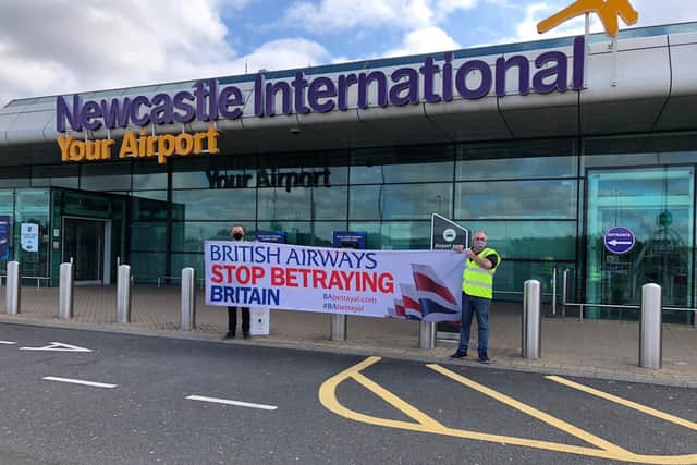 Protesters outside Newcastle Airport on Friday, July 24. Photo: Unite