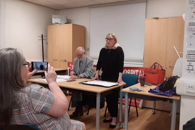 Emma Lewell-Buck addresses a meeting about the continued closure of the birthing unit at South Tyneside District Hospital,  alongside Save South Tyneside Hospital Campaign  group chairman Roger Nettleship.