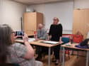 Emma Lewell-Buck addresses a meeting about the continued closure of the birthing unit at South Tyneside District Hospital,  alongside Save South Tyneside Hospital Campaign  group chairman Roger Nettleship.
